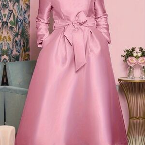 Pink A-Line Mock Neck Dress with Bishop Sleeves